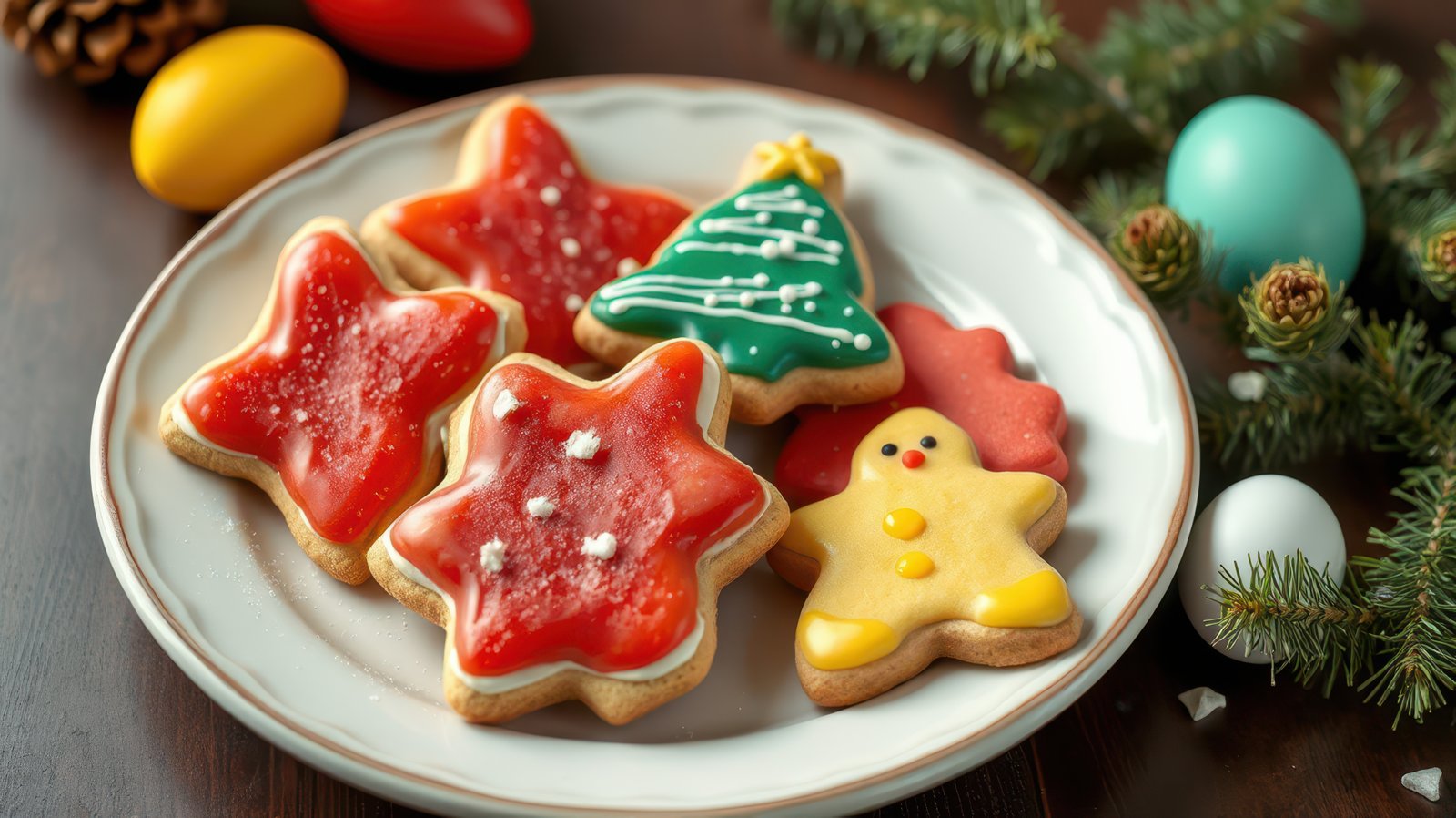 Colorful holiday cookies displayed on a plate with festive decorations and pine branches in the background